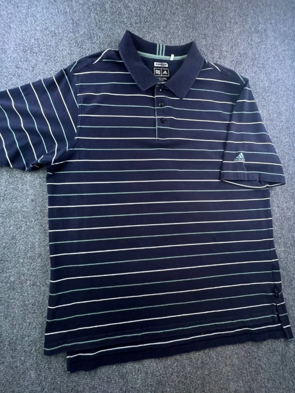 Adidas Polo Shirt Mens Large Blue Green White Striped Short Sleeve Cotton Blend